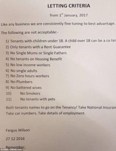 Fergus Wilson Lettings Criteria 27th Dec 2016