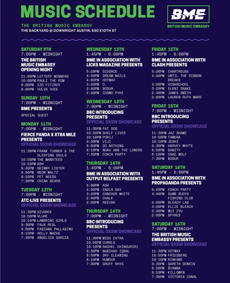 British Music Embassy full schedule at SXSW